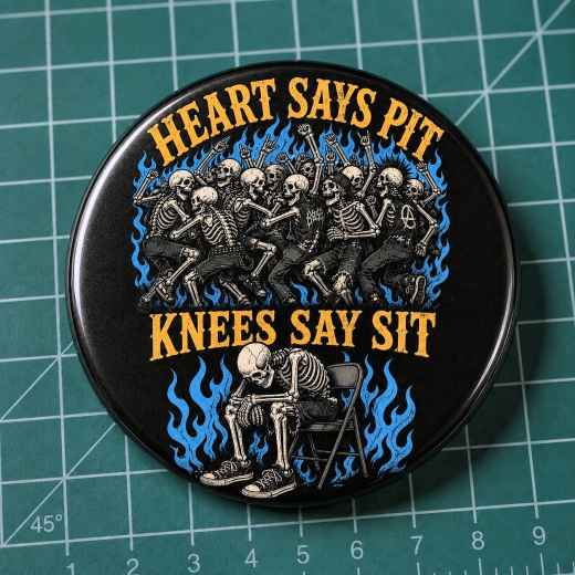 Heart Says Pit Knees Say Sit Motiv 1 Anstecker mit Sicherheitsnadel Ø 25 mm