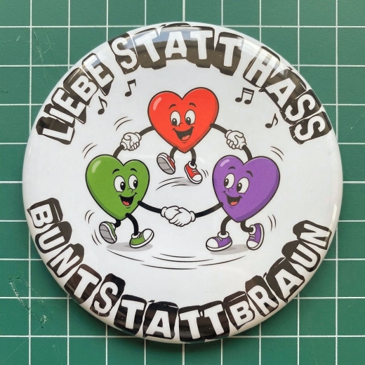 Liebe statt Hass Bunt statt Braun Kids Motiv 1 Anstecker mit Sicherheitsnadel Ø 38 mm