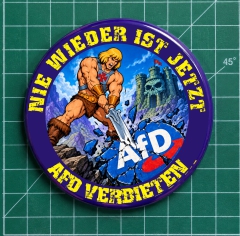 Nie wieder ist Jetzt AfD verbieten He-Man Motiv 1 Anstecker mit Sicherheitsnadel Ø 38 mm